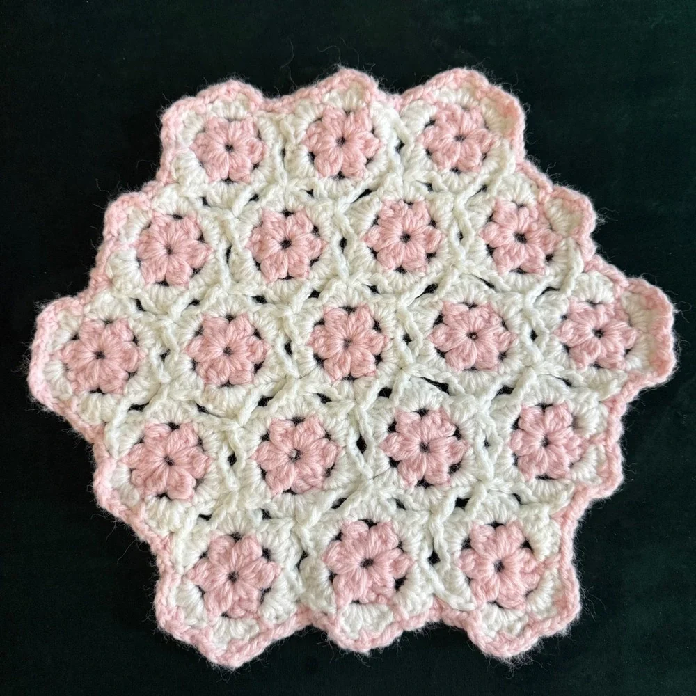 Vintage Cannon Floral Hand Towel Set with Crochet Doilies Pink Orange White 4pc